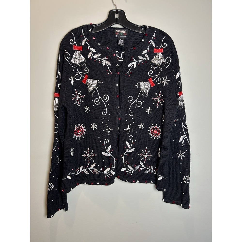 Studio Women's XL Black sequin beaded holiday Sweater w Button Front, Christmas